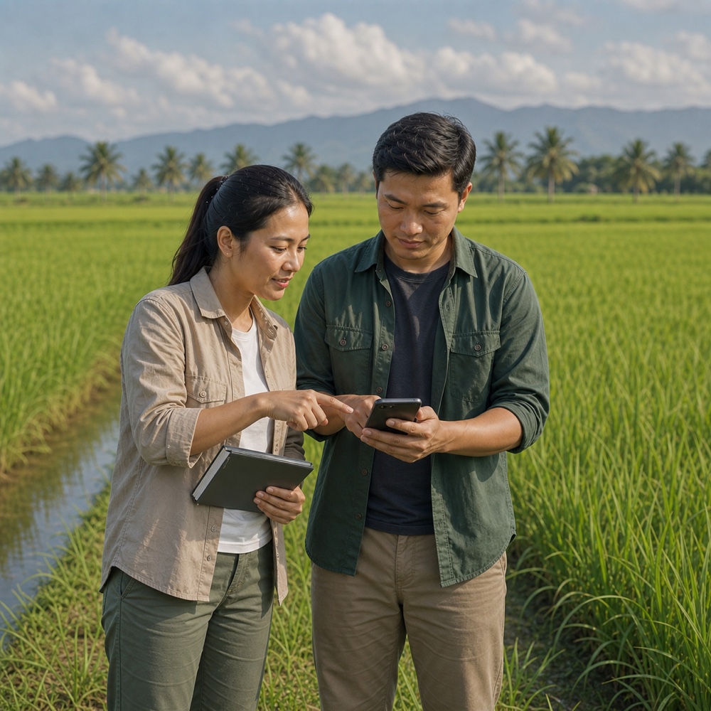 A young Southeast Asian agricultural advisor and farmer review recommendations and follow-up tasks together beside a rice field.