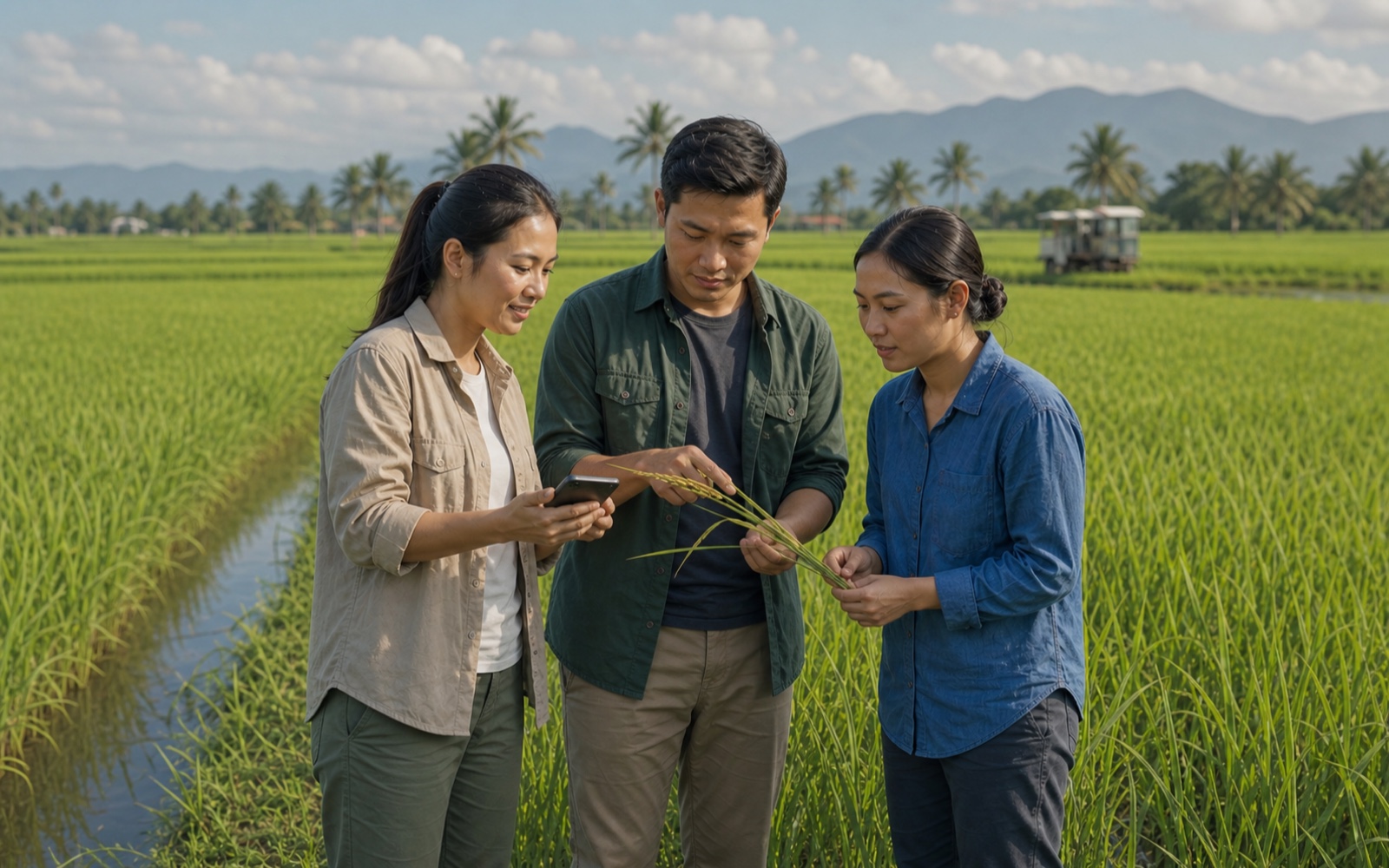 A young Southeast Asian agricultural entrepreneur reviews field observations with colleagues in a healthy rice field.
