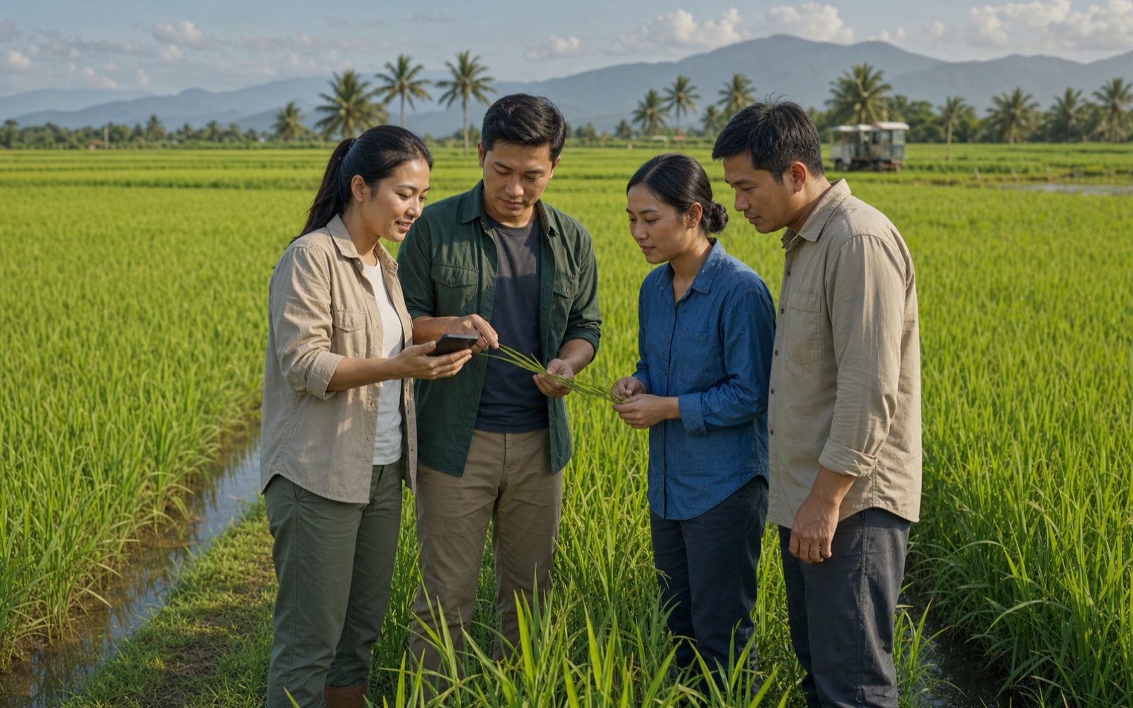 Young Southeast Asian farmers and an agricultural advisor review crop information and a rice sample together in a healthy field.