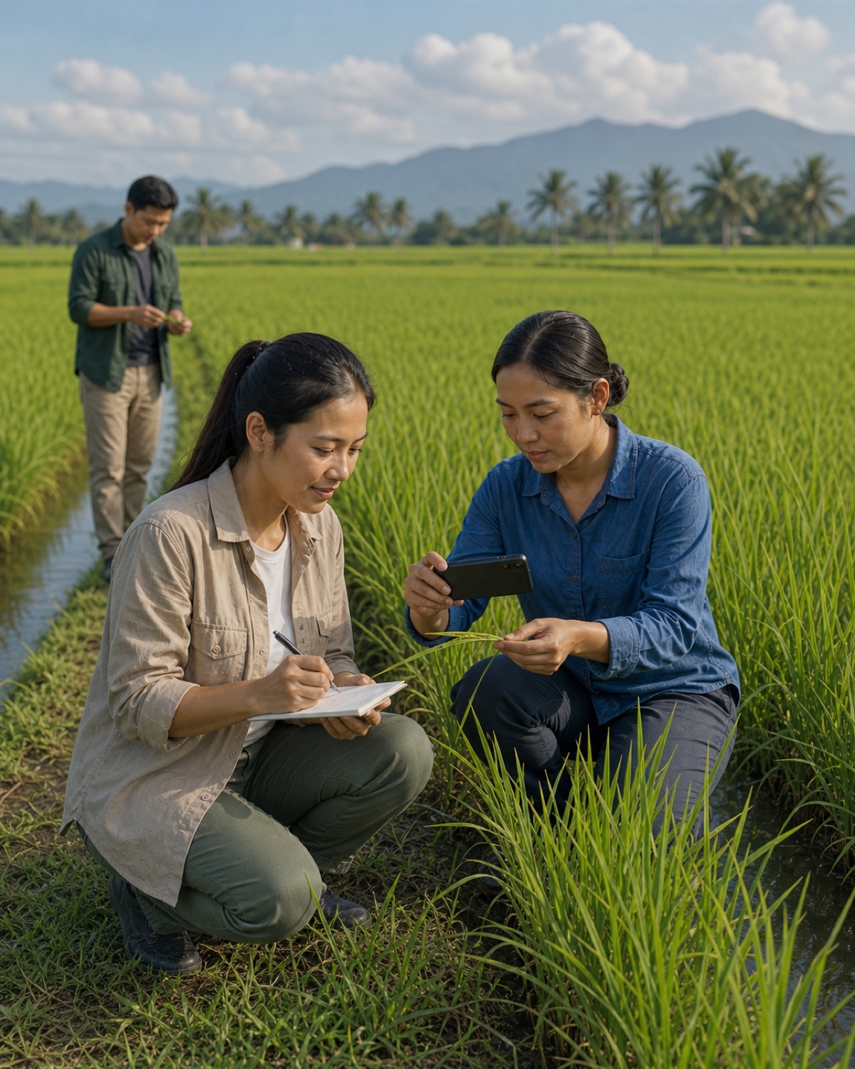 A young Southeast Asian agronomist documents crop health on a phone while colleagues inspect rice plants and record field notes.