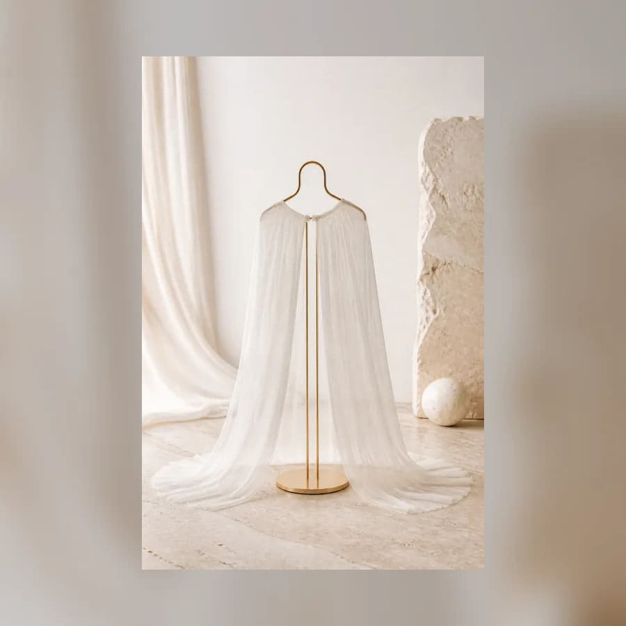 Anais Sheer Bridal Cape — material detail showing texture, scale, and tonal character