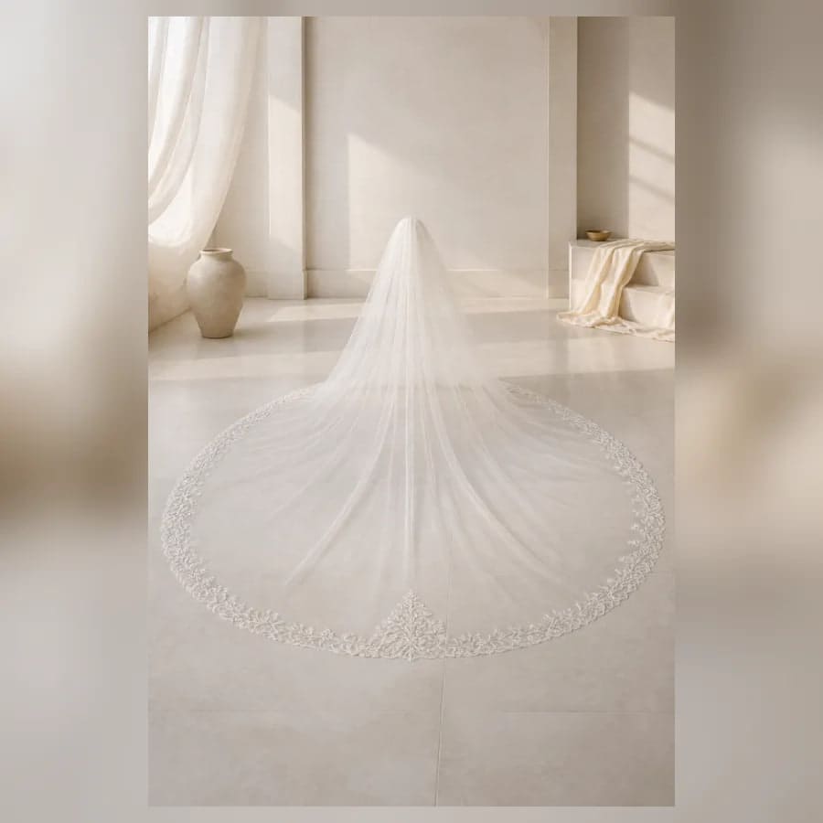 Celine Cathedral Veil — close craftsmanship view showing construction and finish