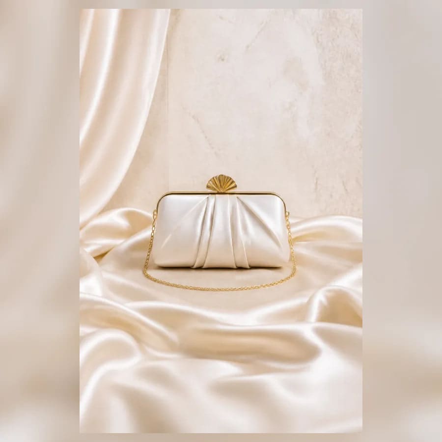 Lucia Satin Clutch — close craftsmanship view showing construction and finish