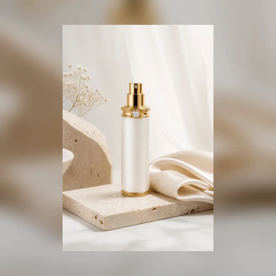 Marguerite Satin Perfume Atomizer — material detail showing texture, scale, and tonal character