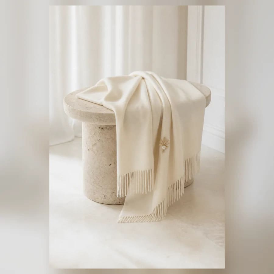 Sabine Cashmere Bridal Wrap — close craftsmanship view showing construction and finish