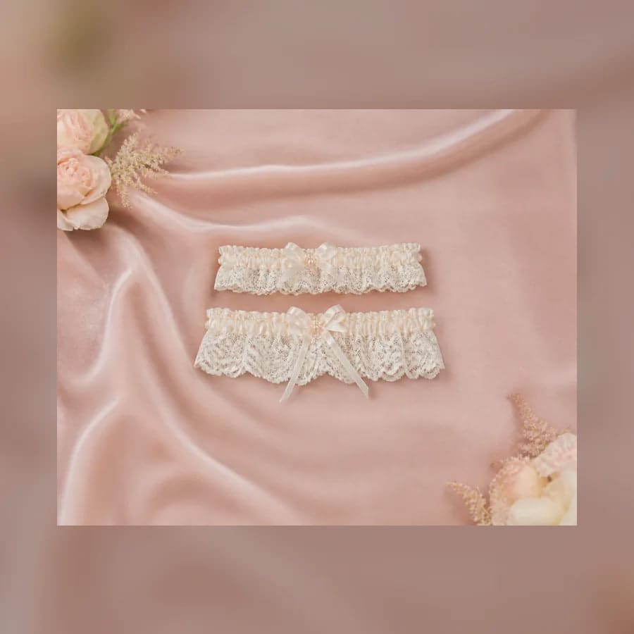 Simone Bridal Garter Set — material detail showing texture, scale, and tonal character
