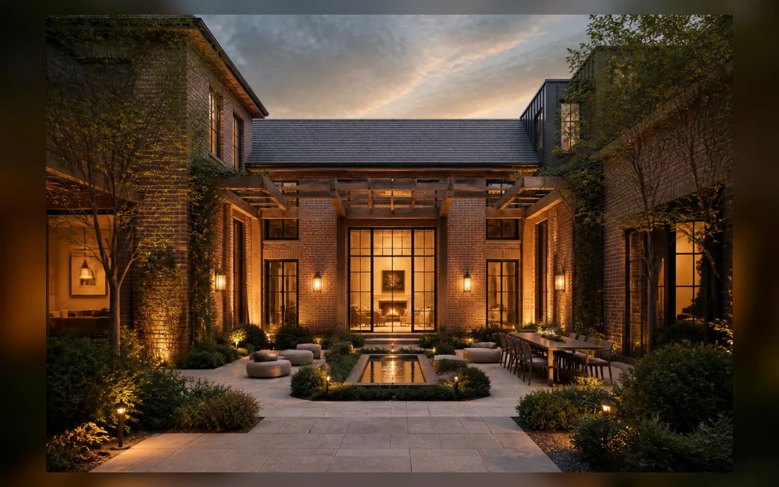 Concept image: Brick and timber courtyard at dusk