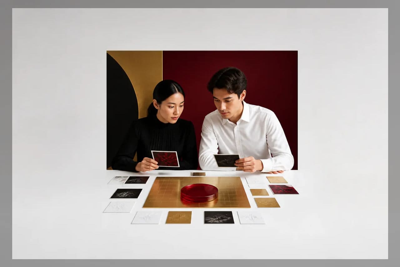 A designer precisely spacing a sequence of tactile hierarchy cards