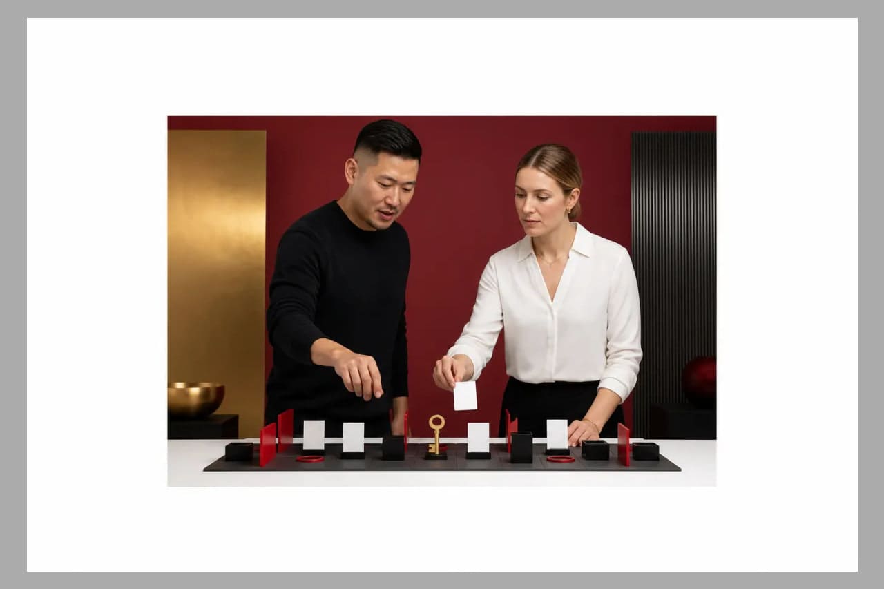 Hands testing a mobile interface with the same hierarchy visible on larger screens
