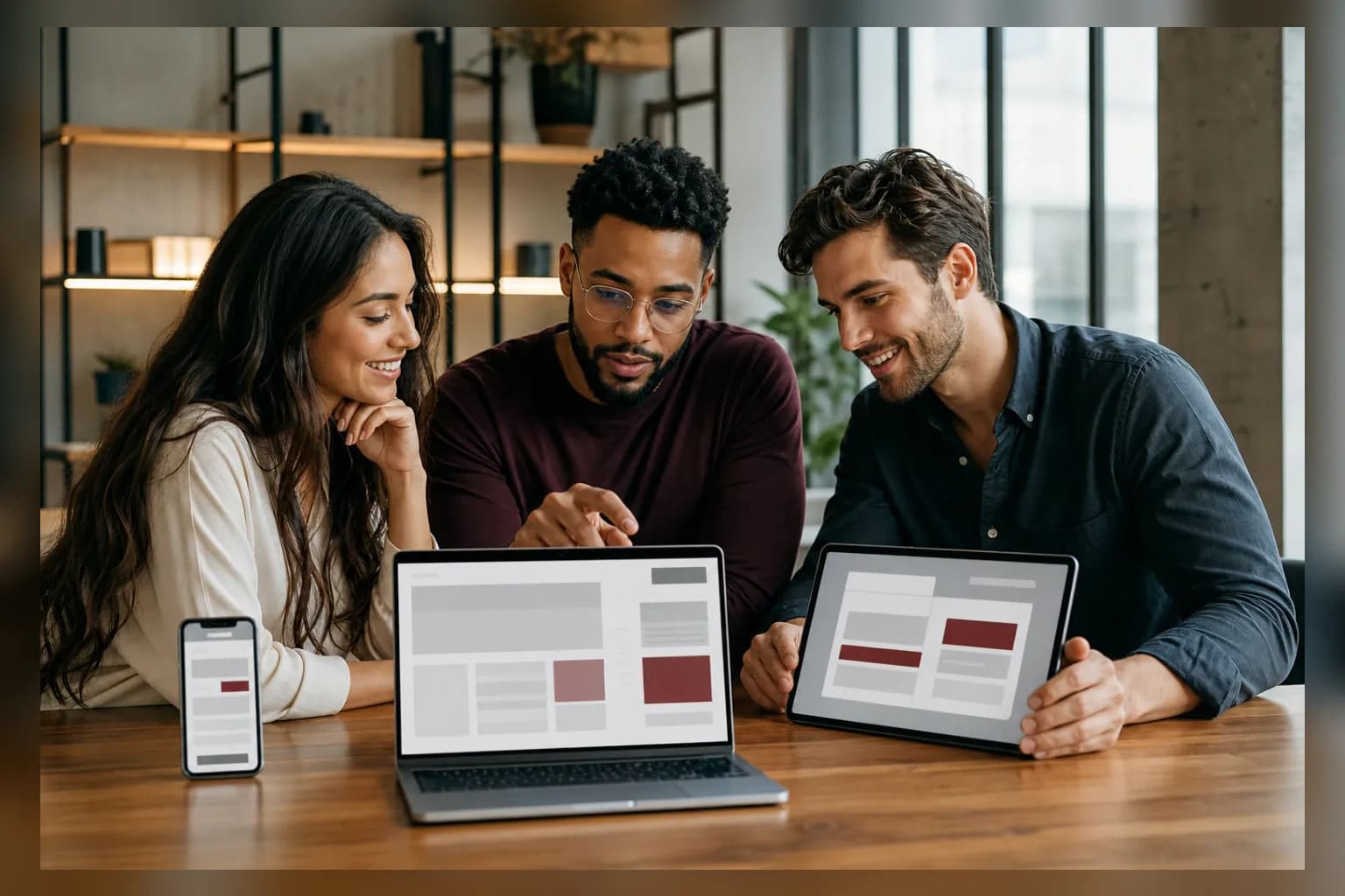 A young business owner, experience strategist, and engineer evaluating one responsive website across devices