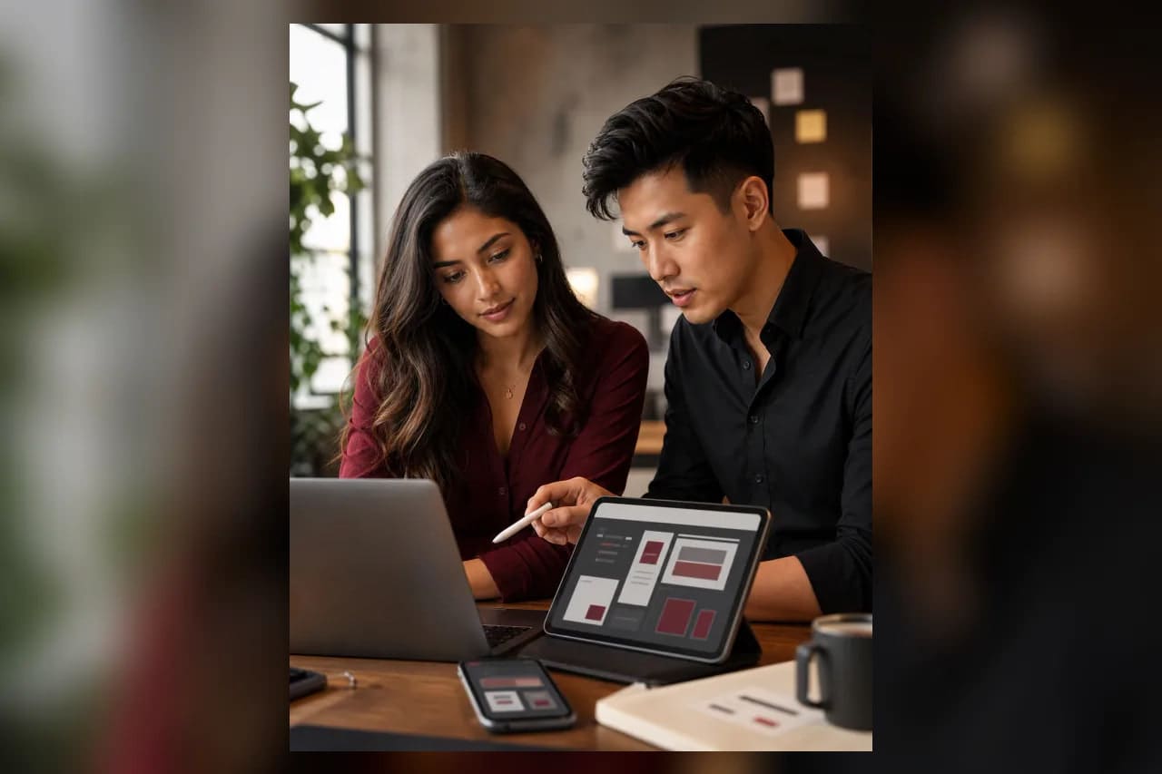 A young designer and engineer refining a resilient connected website experience across devices