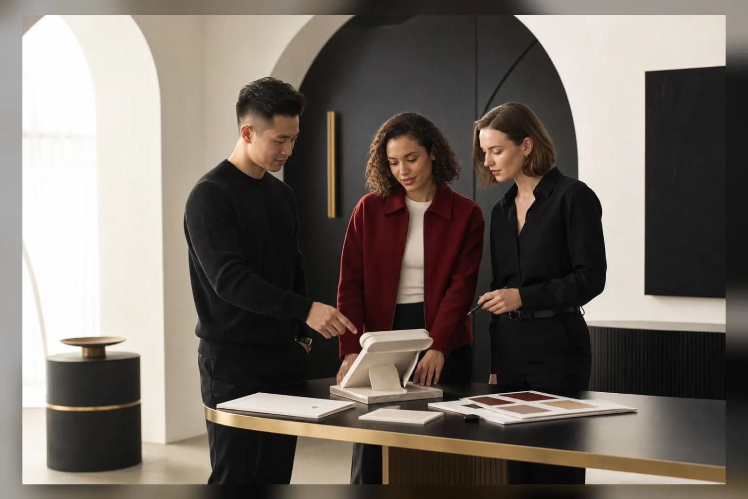 A product and consulting team reviewing one responsive digital system across desktop, tablet, and mobile