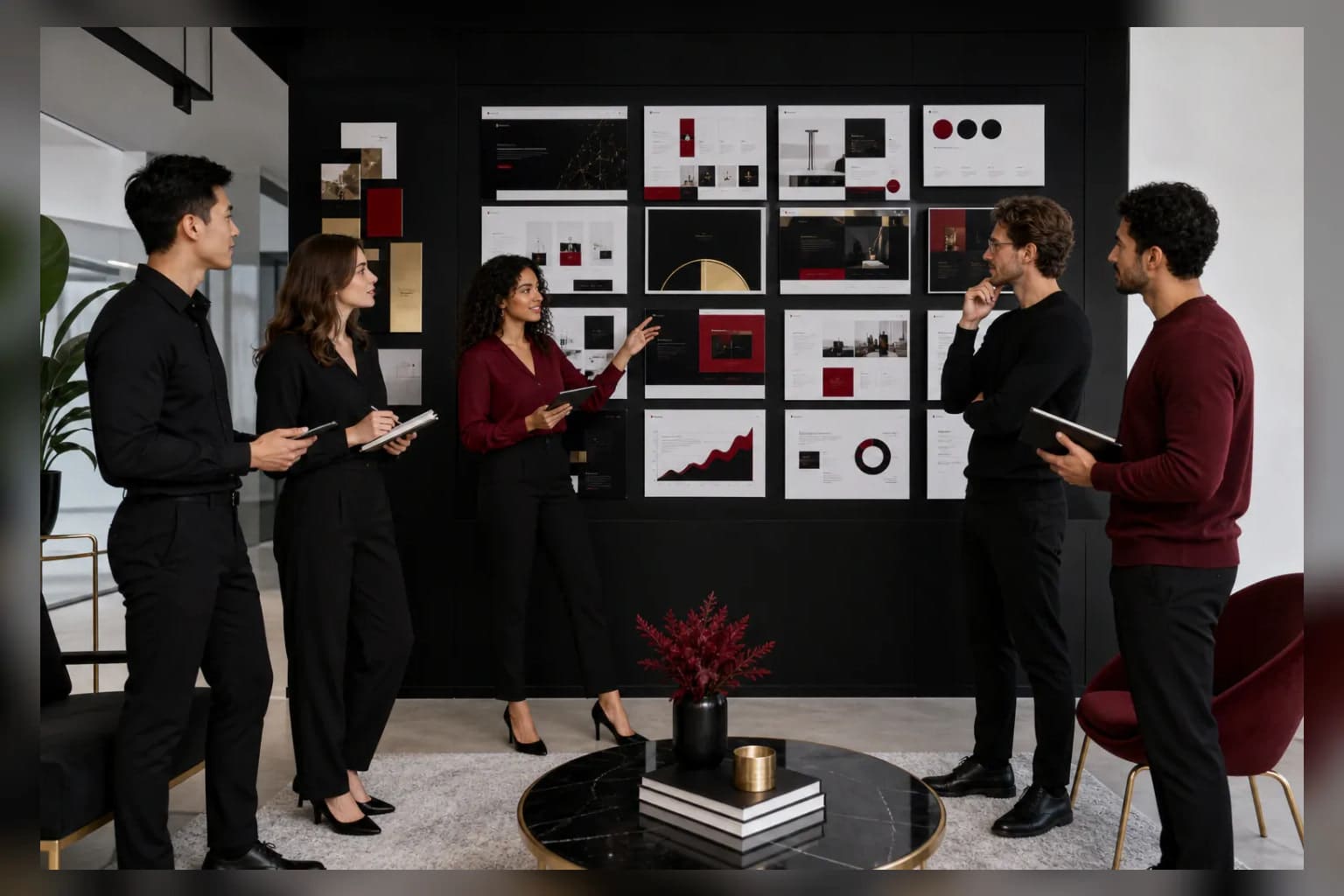 A consulting team reviewing a responsive website system in a modern creative studio.