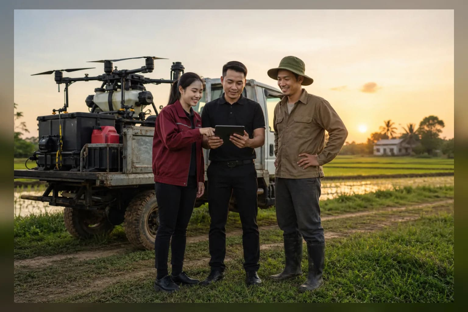 Agricultural professionals reviewing crop information together in a healthy rice field.