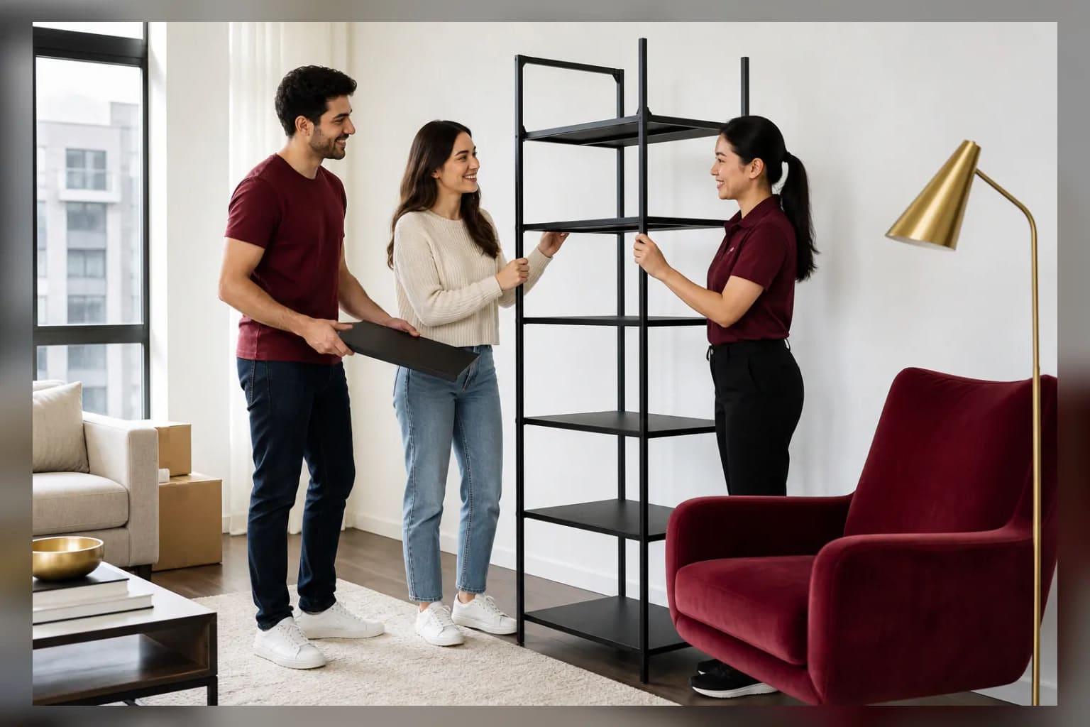 A customer and service professional coordinating a home setup task in a modern Charlotte apartment.