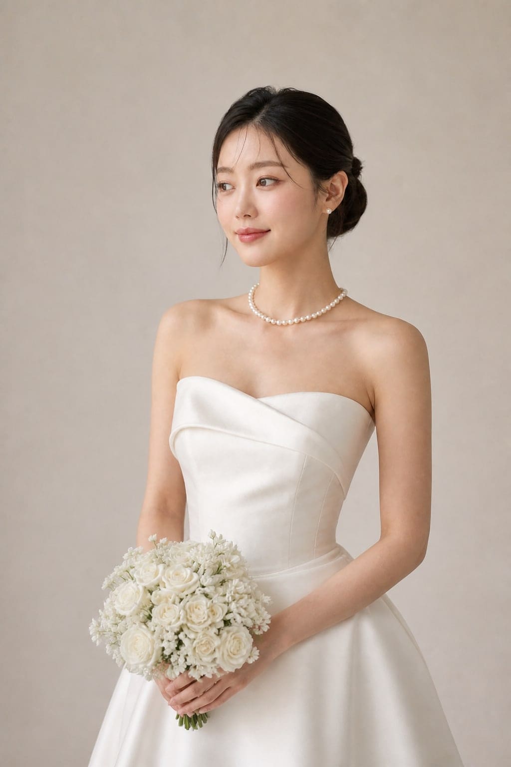 Amara Pearl Necklace — Amara pearl necklace in 16 in, three-quarter on-model view showing the necklace against the neckline