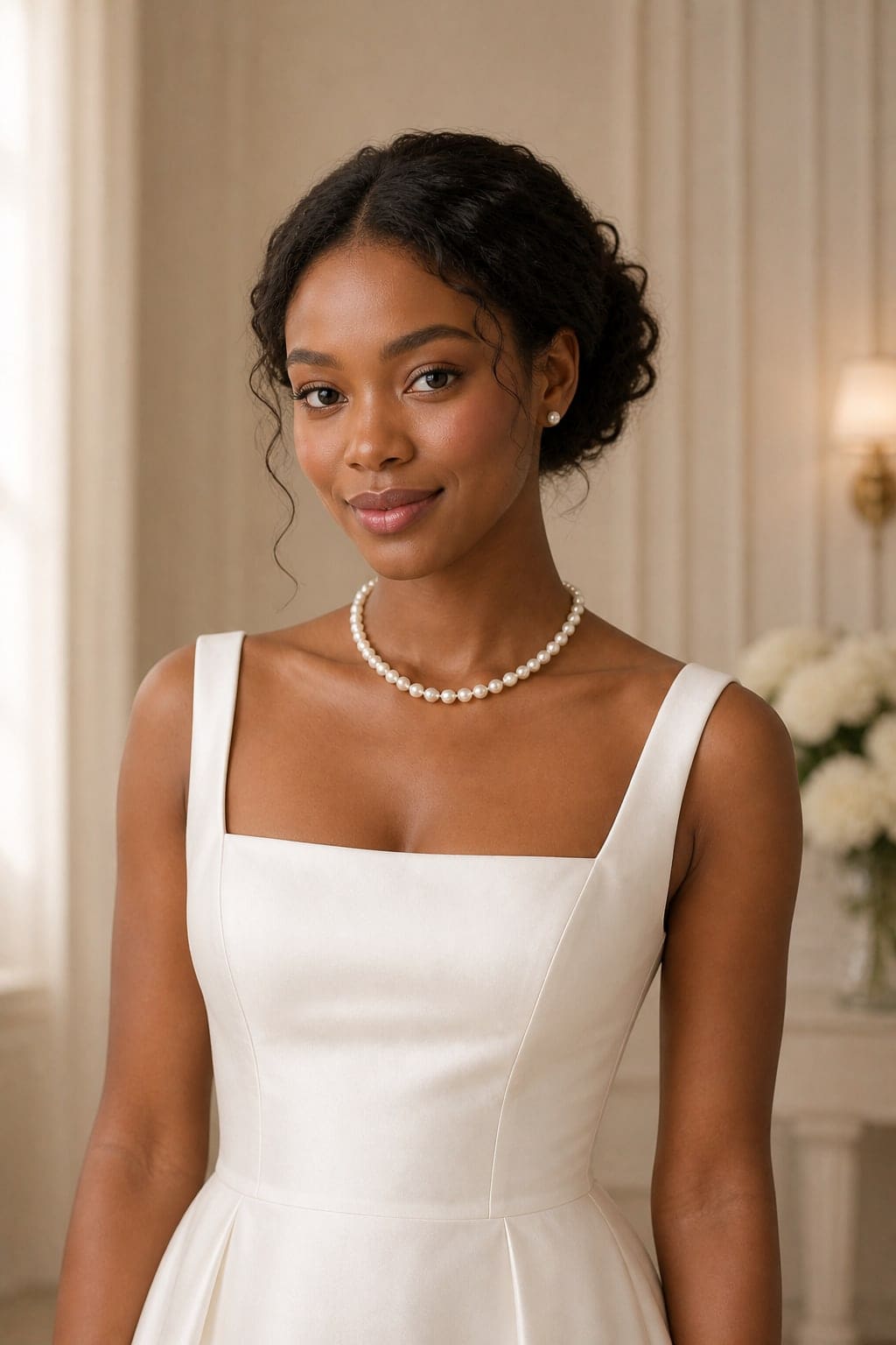 Amara Pearl Necklace — Amara pearl necklace in 16 in, second on-model styling view showing scale and proportion