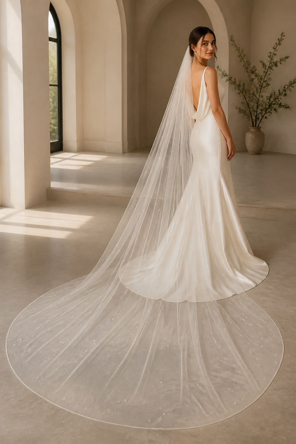 Celeste Pearl Veil — editorial in-context view showing soft bridal tulle with hand-placed pearl detailing