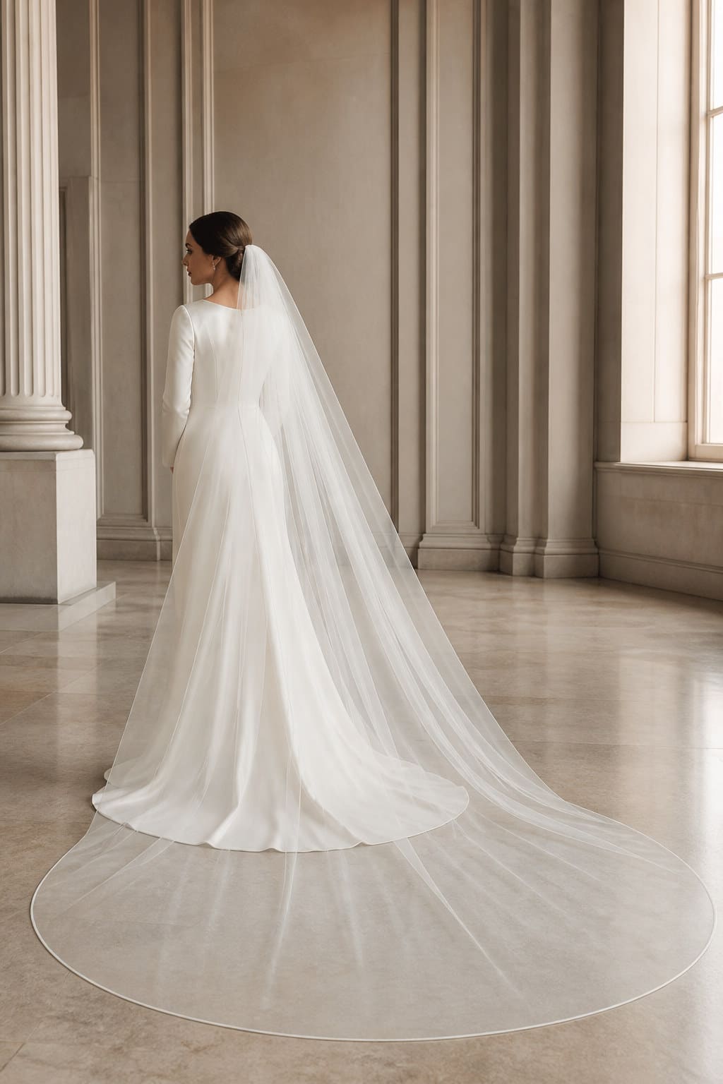 Celine Cathedral Veil — editorial in-context view showing soft bridal tulle with a narrow hand-finished edge
