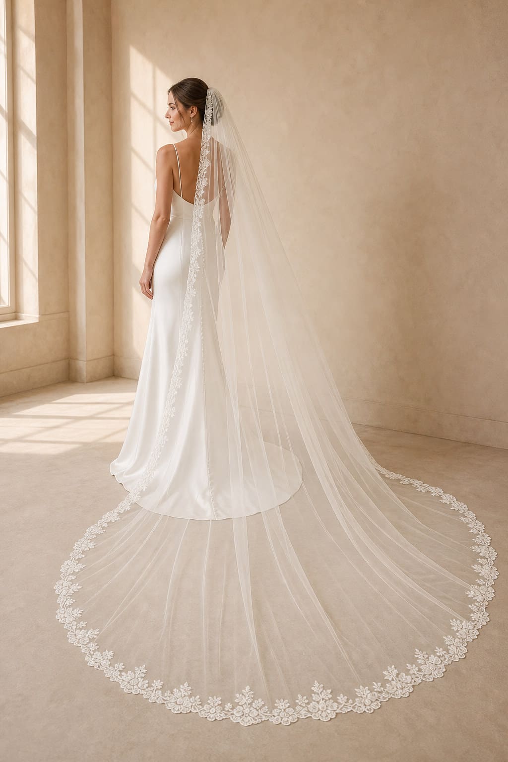 Evangeline Lace-Edge Veil — editorial in-context view showing soft bridal tulle framed by a narrow floral lace edge