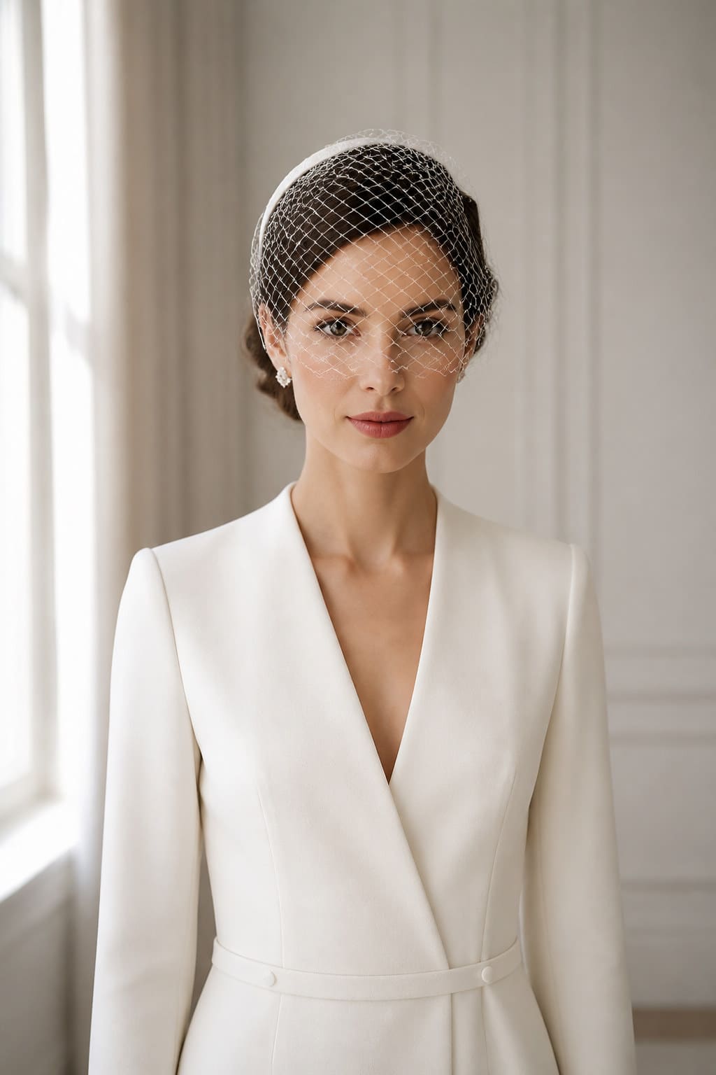Juliette Birdcage Veil — editorial in-context view showing fine french-style netting secured to a discreet satin-wrapped comb