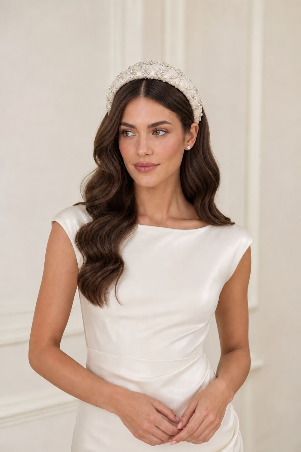 Liora Crystal Headband — editorial in-context view showing padded satin band with hand-set crystal and pearl-style details