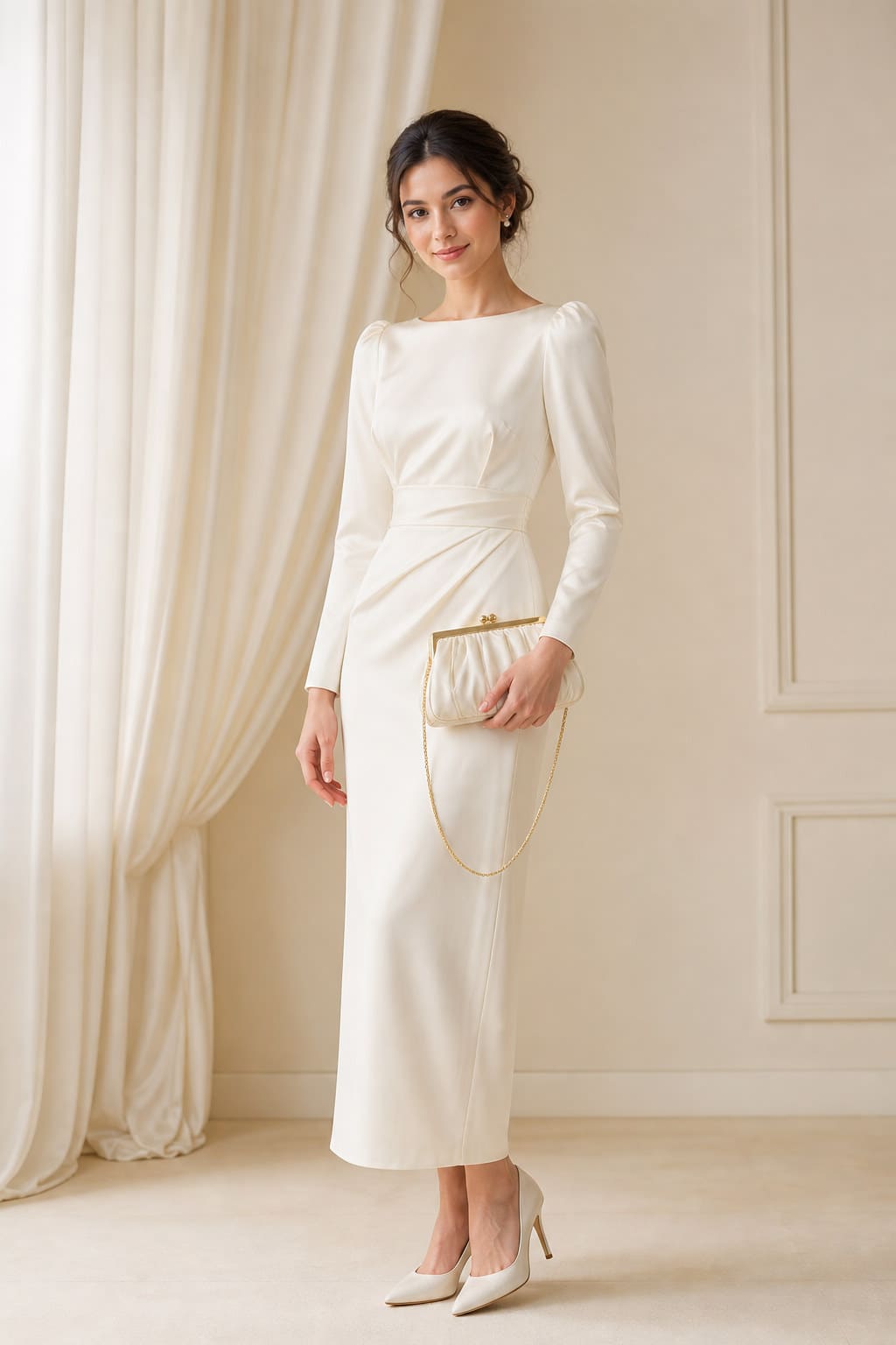 Lucia Satin Clutch — editorial in-context view showing structured satin shell with a fabric-lined interior and removable strap