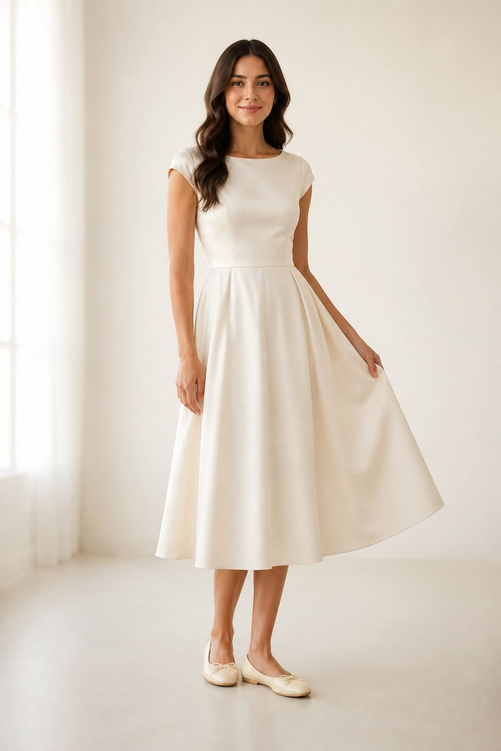 Odette Reception Flats — editorial in-context view showing fold-flat ivory satin upper with a flexible cushioned sole
