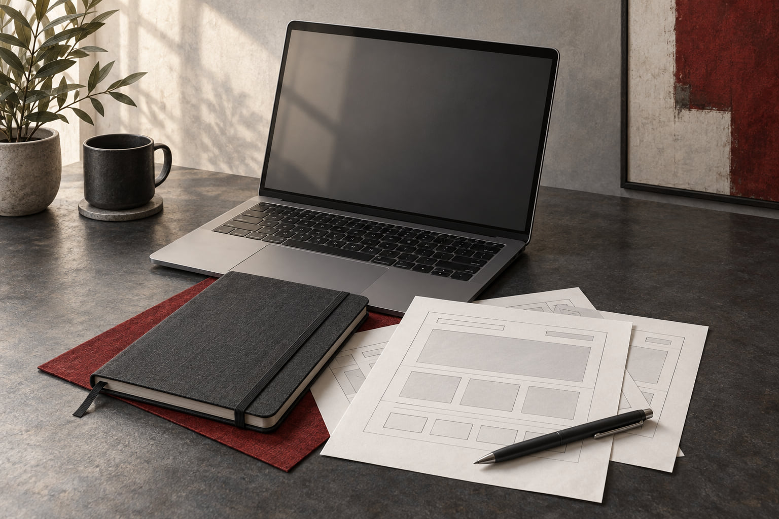 Editorial still life of a laptop, notebook, and website planning sketches