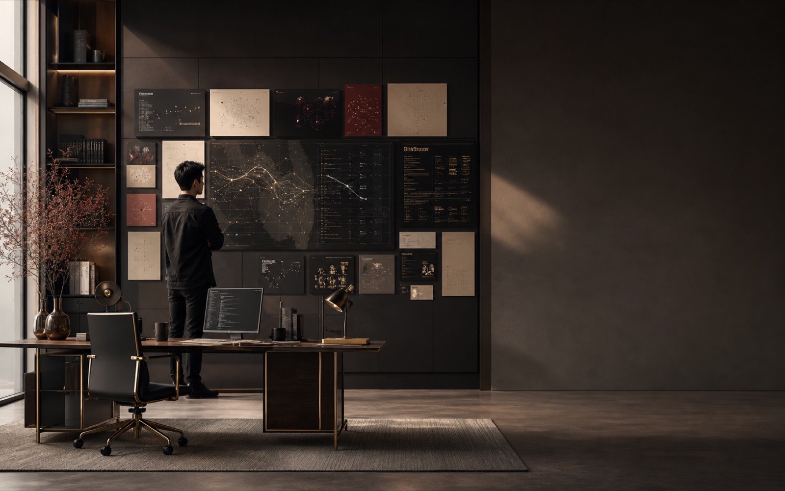 A technology professional reviewing a layered digital systems map
